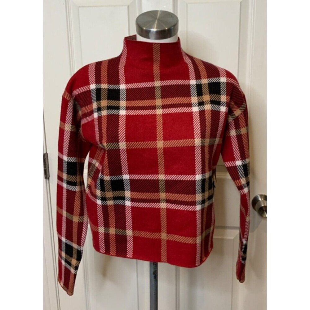 Tahari Red Mock Neck Check Plaid Sweater, Size XS, NWT!